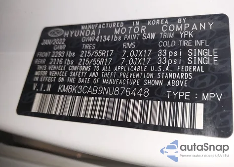 2022 Hyundai Kona Sel z USA, uszkodzony, nr VIN KM8K3CAB9NU876448